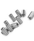 Front view of stainless steel threaded inserts for machinery repair; cylindrical, threaded sleeves.