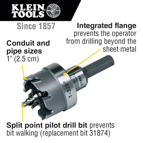 Heavy Duty Carbide Hole Cutter 1 3 Eighth Inch Creates Clean Holes In Stainless Steel Mild Steel Iron Copper Brass Up To Three Sixteenth Inch Thick Built Tough For Long Lasting Performance In Serious Metalwork Projects with labels for conduit sizes at 1 inch and integrated flange