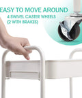 Hand holding Three Tier Rolling Cart Metal Utility Storage Organizer With Lockable Wheels Space Saving Design White