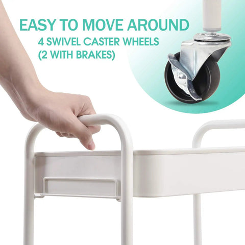 Hand holding Three Tier Rolling Cart Metal Utility Storage Organizer With Lockable Wheels Space Saving Design White