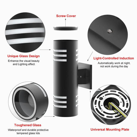 Dusk To Dawn Outdoor Wall Lights 2 Pack Up Down Cylinder Black Porch Sconces assembly and features diagram