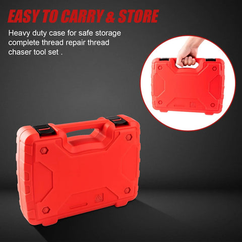 Front view of orange carrying case for 61-piece thread repair kit with black latches