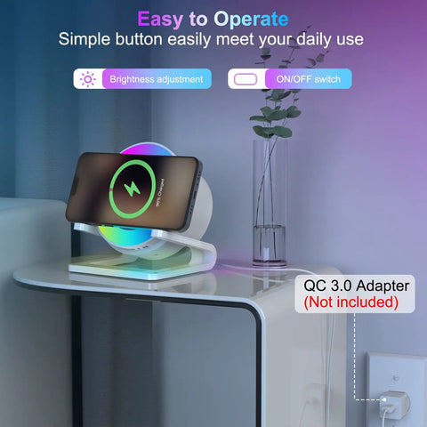 4 In 1 Night Light Bluetooth Speaker With Wireless Charging 15W, Phone Holder, Touch Dimmer Bedside Lamp on a table