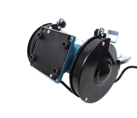Knockout 6 Inch Bench Grinder With 300 Watt Motor And 3540 RPM Dual Wheels showing rear angle, featuring a heavy-duty tool rest and safety shield.