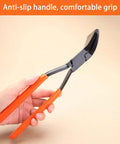 11 Inch Hand Seamer Sheet Metal Tool With 45 Degree Jaws And PVC Handle For Bending And Flattening Sheet Metal In HVAC Roof Work And Auto Body Projects Pro Grade Heavy Duty Pliers For Tight Spaces shown in hand highlighting orange PVC handle.