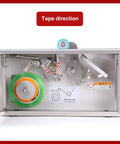 Heavy Duty Stainless Steel Desktop Carton Sealer With Smooth Adhesion Wheels No Power Needed Manual Tape Cutter For 2.5cm Wide Packing Straps And Quick Sealing Jobs On The Go showing tape direction and internal components.