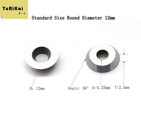 Hard As Nails 12mm Round Carbide Cutter Inserts For Woodworking Lathes And Wood Turning Hollowing Finisher Tools With Mounting Screws Set Of 10 Slick Replacement Bits, showing two carbide inserts with 12mm diameter and 30-degree angle.