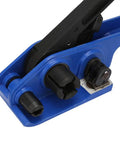 Close-up of Blue Manual Steel Strap Tensioner Crimper Tool Set for Packing and Shipping, showing durable mechanism and parts.