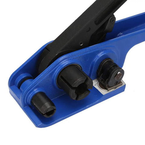 Close-up of Blue Manual Steel Strap Tensioner Crimper Tool Set for Packing and Shipping, showing durable mechanism and parts.