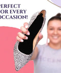 Person holding shoe with Ultra Thin Sweat And Odor Absorbing Shoe Inserts For Women Size 8-9 Midnight Black 4 Pairs Replaceable Barefoot Liners