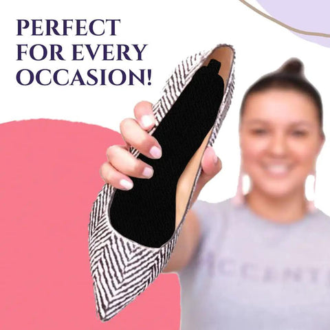 Person holding shoe with Ultra Thin Sweat And Odor Absorbing Shoe Inserts For Women Size 8-9 Midnight Black 4 Pairs Replaceable Barefoot Liners