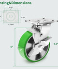 Industrial Swivel Casters With Brake 6 Inch Heavy Duty Caster Set Of 4 With Maintenance Free Aluminum Core PU Wheels Each Caster Supports 1250 Lbs Or 5000 Lbs For The Set Durable Industrial Equipment Casters For Heavy Loads showing caster dimensions and design.