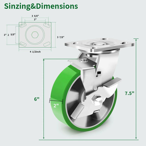 Industrial Swivel Casters With Brake 6 Inch Heavy Duty Caster Set Of 4 With Maintenance Free Aluminum Core PU Wheels Each Caster Supports 1250 Lbs Or 5000 Lbs For The Set Durable Industrial Equipment Casters For Heavy Loads showing caster dimensions and design.