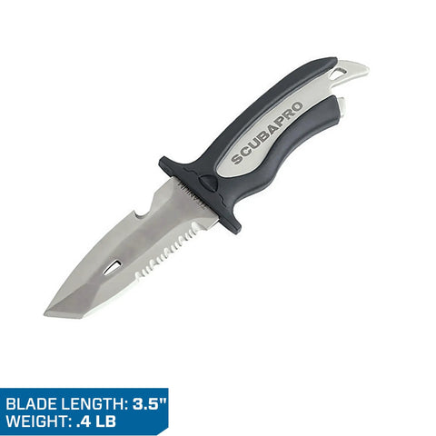 Image of Beefy Titanium Dive Knife With 3.5-Inch Blade, Locking Sheath, And BCD Mount Kit For Scuba Gear, showcasing multi-tool edge.