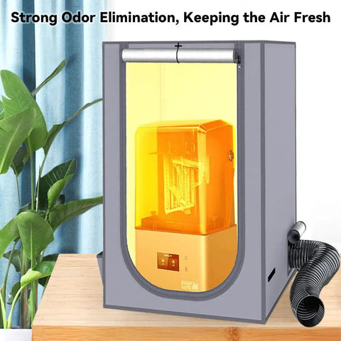 Resin 3D Printer Enclosure Tent With Ventilation System And LED Light Thermo Hygrometer Odor Busting Elimination 24 By 18 By 18 Inches Grey Protective Cover For Cleaner Safer Resin Printing showing interior view with yellow lighting