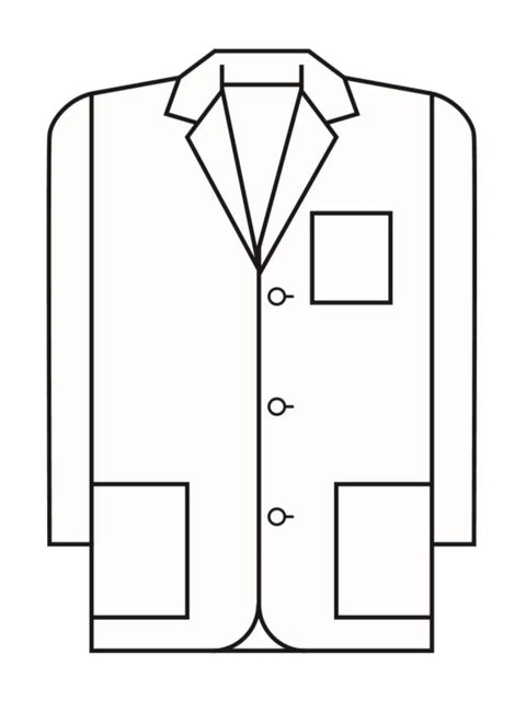 Line drawing of Men's 30 Inch Consultation Lab Coat White 2XL With Flattering Fit, three pockets, and button closure.