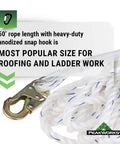 Heavy Duty Vertical Lifeline With Five Eighth Inch Polysteel Rope And Snap Hook For Industrial Construction Roofing And Recreation Use, Pro Grade Fall Protection That Meets ANSI And OSHA Standards, Available In Multiple Lengths shown with white polysteel rope and metal snap hook