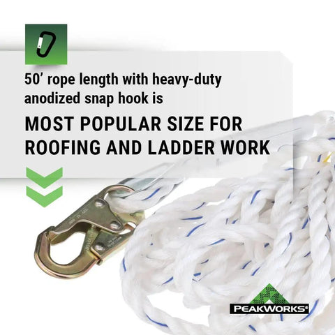 Heavy Duty Vertical Lifeline With Five Eighth Inch Polysteel Rope And Snap Hook For Industrial Construction Roofing And Recreation Use, Pro Grade Fall Protection That Meets ANSI And OSHA Standards, Available In Multiple Lengths shown with white polysteel rope and metal snap hook