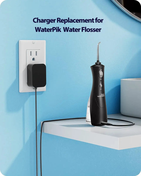 Waterpik Compatible Charger Cord For Water Flosser WP360 WP360W WP450 WP450W WP462 WP462W Two Prong Replacement Power Adapter YLA 03010 Fits Waterpik Cordless Pearl WF 13 plugged into outlet and flosser