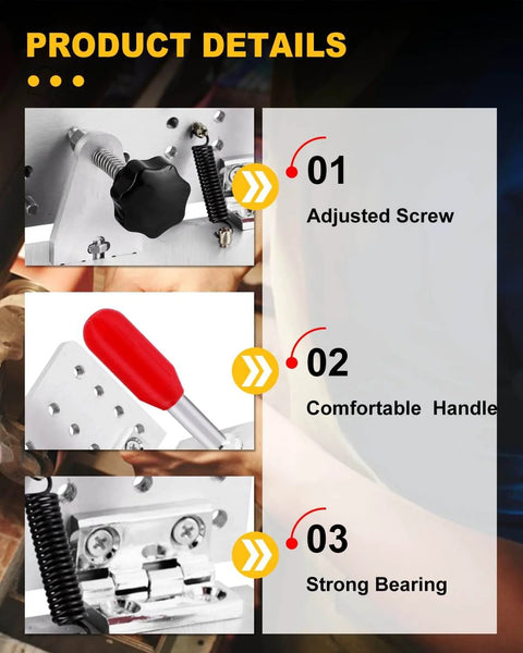 Close-up views of a beveling jig for belt sander knife sharpener with adjusted screw, comfortable handle, and strong bearing.