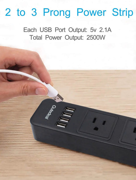 Two Prong Surge Protector Power Strip with Three AC Outlets and Four USB Ports Six Point Six Foot Non Grounded Extension Cord