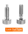 Workhorse 3 Pack Spring Plunger Pins M8x1.25 Thread 4mm Diameter Stainless Steel Lockout Hardware Rust Proof Industrial Fasteners Built Tough For Shop Work close-up of stainless steel plunger pins, lockout type with knurled bases.