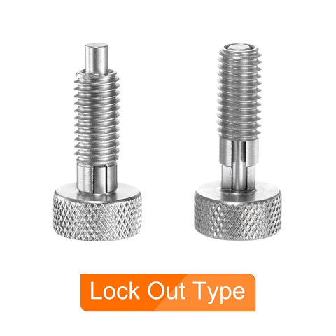 Workhorse 3 Pack Spring Plunger Pins M8x1.25 Thread 4mm Diameter Stainless Steel Lockout Hardware Rust Proof Industrial Fasteners Built Tough For Shop Work close-up of stainless steel plunger pins, lockout type with knurled bases.