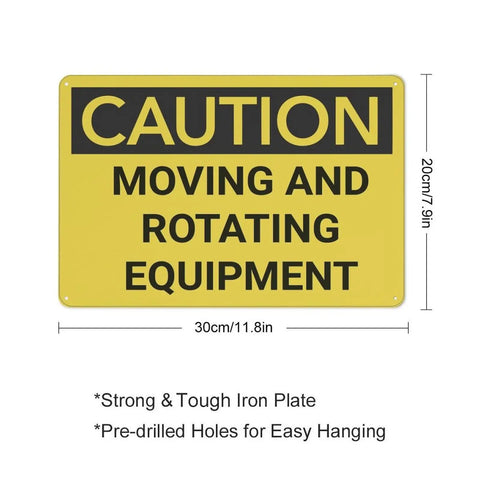 Watch Out Caution Moving And Rotating Equipment Sign showing yellow backdrop and bold black text with dimensions 30cm x 20cm