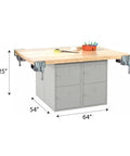 Badass Heavy Duty Garage Workbench Rock Solid Hardwood Table with four vises, 64x54x33.25 inches, gray lockers.
