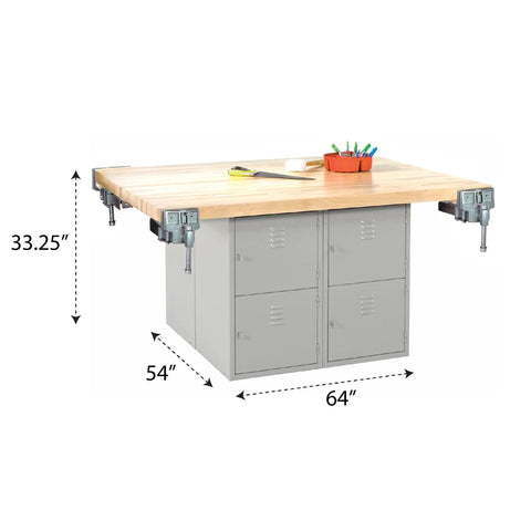 Badass Heavy Duty Garage Workbench Rock Solid Hardwood Table with four vises, 64x54x33.25 inches, gray lockers.