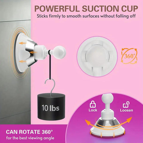 Game Changing 10X Magnifying Lighted Makeup Mirror With Natural Daylight LEDs, showing locking suction mechanism and 360 rotation.