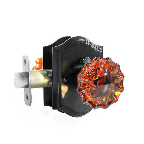 Crystal Rose Glass Door Knobs With Privacy Lock For Interior Doors Vintage Antique Style In Black Brown Finish Dope Bedroom And Bathroom Door Hardware That Shines With A Noble Romantic Look. Close-up of glass knob, black backplate, side view.