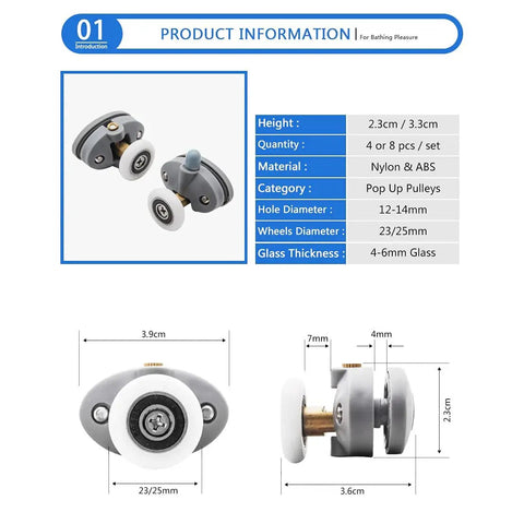 Kick Ass Abs Nylon Shower Door Roller Wheels With Slam Lock Brakes 360 Degree Swivel Slider Pulleys For Bathroom Cabinets Smooth Ride Replacement Parts Set Of Four Or Eight Pcs showing product dimensions and specifications.