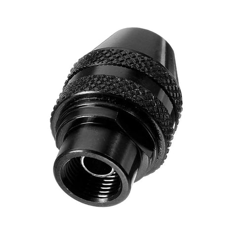 Close-up of Premium Three Piece Quick Swap Keyless Chuck For Rotary Tools, black metal design, compatible with Dremel handles.