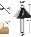 Image of a 45-degree bit from the Six Piece Chamfer Router Bit Set Half Inch Shank Carbide Two Flute Bevel Bits For Edge Shaping