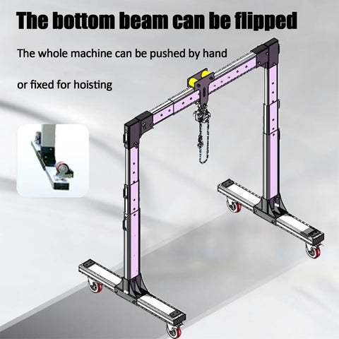 Rock Solid Portable Gantry Crane Heavy Duty Aluminum Alloy Lifting Rig 4400 Lbs Capacity with adjustable bottom beam and wheels.
