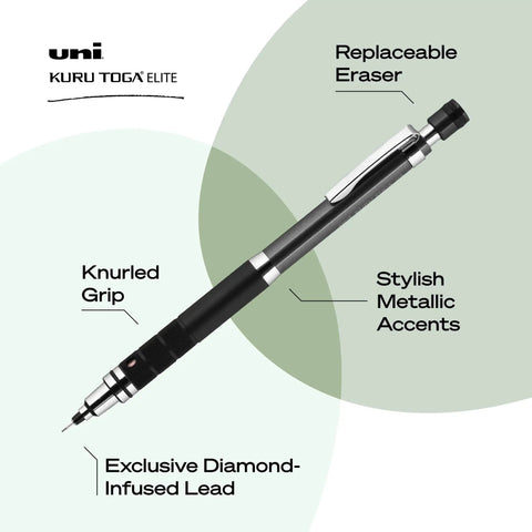Kuru Toga Elite Mechanical Pencil Starter Kit 0.5mm HB Lead Diamond Infused For Crisp Lines Gun Metal Barrel 1 Pack with features
