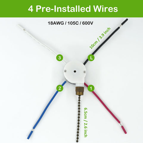 Ceiling Fan Pull Chain Switch With Three Speeds And Four Preinstalled Wires Includes CBB61 Capacitor Set Easy Install
