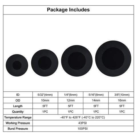 Silicone Vacuum Hose Kit For Car Mods, 5 Ft Each, 4 Pack, Inner Diameters 4mm, 6mm, 8mm, 10mm, Fits 5/32 In, 1/4 In, 5/16 In, 3/8 In Lines chart
