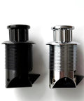 Push Button Cabinet Latches For Campers And RVs, Alloy Drawer And Door Locks in black and chrome finish, side by side view
