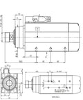 Diagram of No Nonsense Shop Grade 4.5Kw Square Air Cooled Spindle Motor With Er32 Collet Mounting dimensions and alignment.