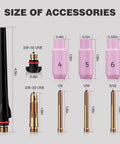 WP26 TIG Torch accessories sizes including gas cups and collets for easy hookup on AC DC TIG welder compatible models