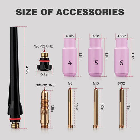 WP26 TIG Torch accessories sizes including gas cups and collets for easy hookup on AC DC TIG welder compatible models