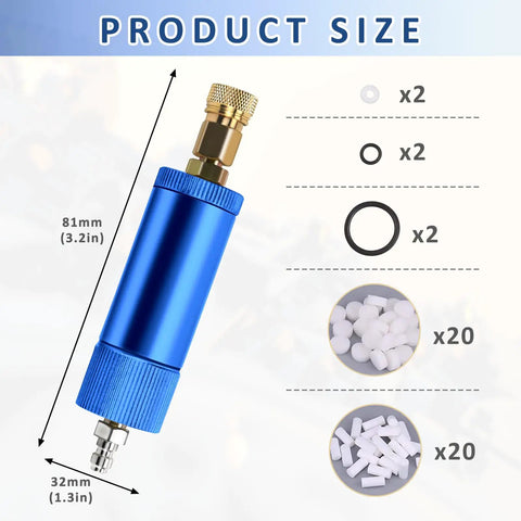 Blue Aluminum Alloy Air Filter Water Oil Separator With Female And Male Quick Connects For High Pressure Air Compressors Hand Pump 30 MPa Rated Durable High Pressure Resistant Up To 45 MPa, showing dimensions and included components.
