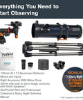 Components of AstroMaster 130EQ-MD Newtonian Reflector Telescope Starter Kit including telescope, tripod, and accessories