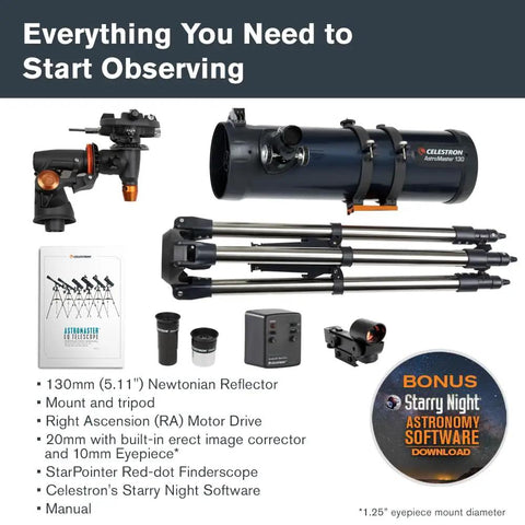 Components of AstroMaster 130EQ-MD Newtonian Reflector Telescope Starter Kit including telescope, tripod, and accessories