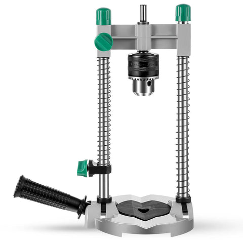 Must Have Portable Drill Guide Attachment For Hand Drilling Multi Angle Drill Press With One Quarter Inch And Three Eighths Inch Chucks Adjustable From Forty Five To Ninety Degrees For Precise Straight Or Angled Holes Black, shown in silver with green accents, featuring a sturdy base and adjustable angles.