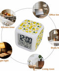Chill Vibes Digital Alarm Clock Displays Time On A Watercolor Lemon Botanical Cube with LED night light in a cozy bedroom setup.