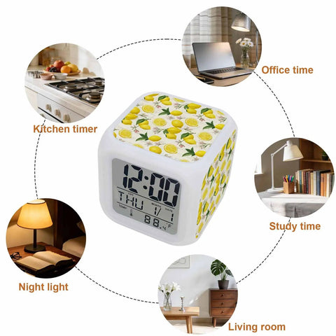 Chill Vibes Digital Alarm Clock Displays Time On A Watercolor Lemon Botanical Cube with LED night light in a cozy bedroom setup.