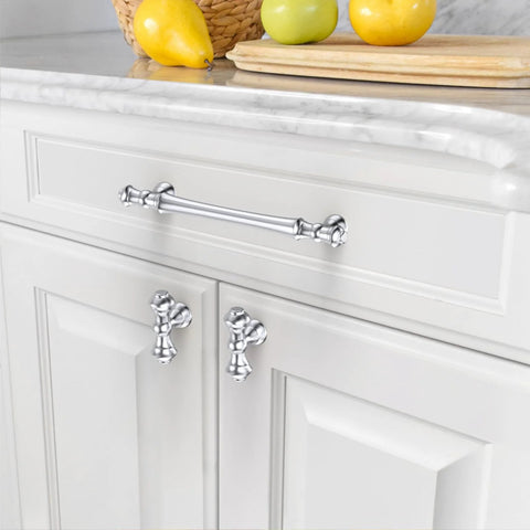 10 Pack 5 Inch Polished Chrome Kitchen Cabinet Handles And Drawer Pulls Set, 128mm Length, installed on white cupboard